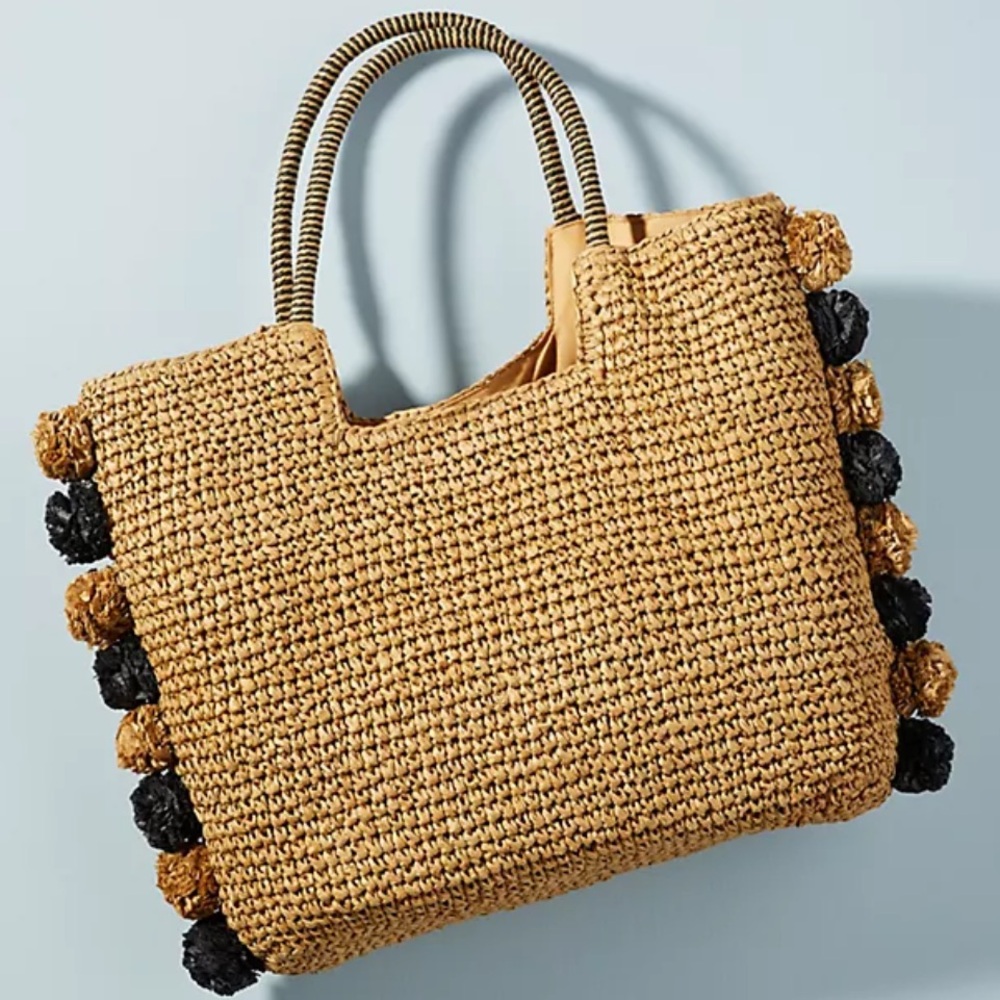 Anthropologie Laurel & Gold Perfectly Pommed Straw Tote Bag